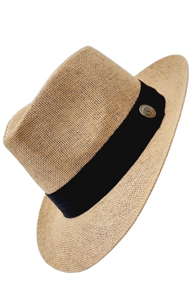 Unisex Black Striped Straw Fedora Hat