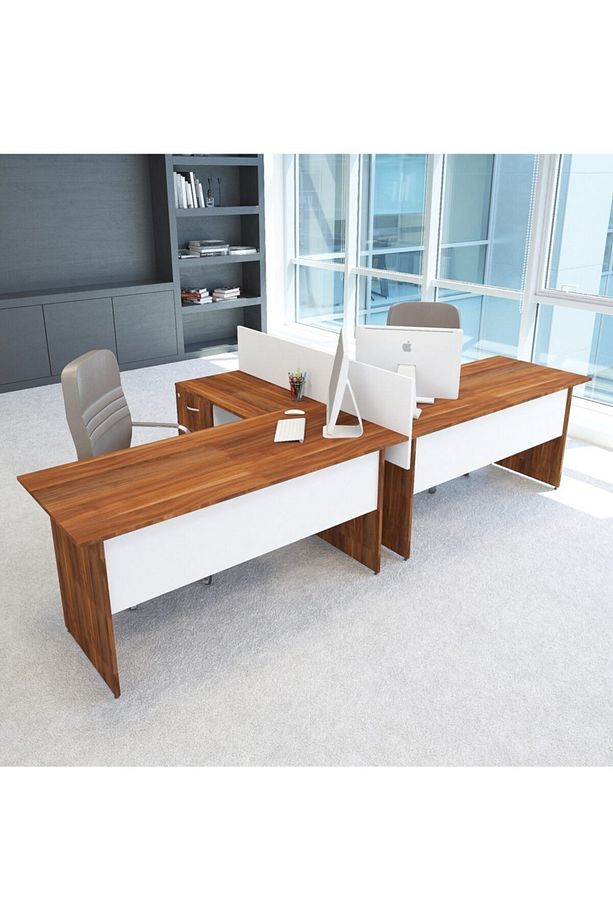Nil L Workstation Ikili Çalışma Masa Tek Panel 318cm X 147cm Çalışma Grubu Istasyonu Erik-beyaz - 1
