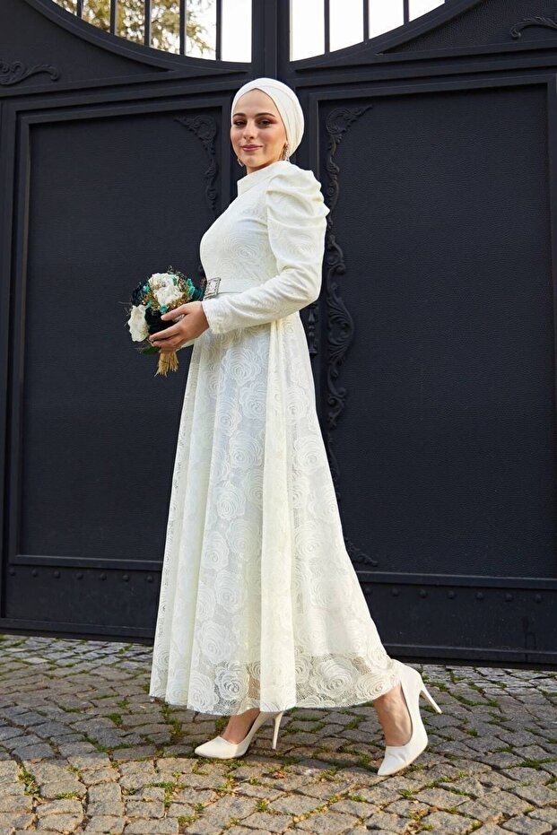 Sleeve Pleated Hijab Tulle Dress - Off White