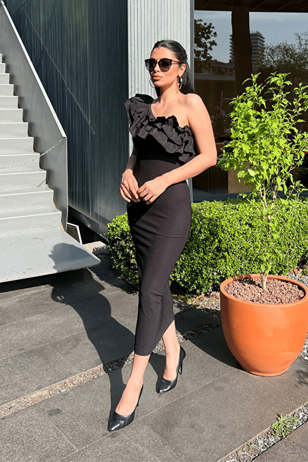 Ottoman Fabric One-Sleeve Pencil Dress - BLACK