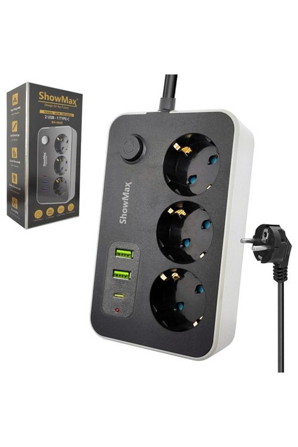 SH-4626 3lü Akım Korumalı Priz 2 Metre Anahtarlı 10A 2500 Watt 2xusb 1xtype-C - 1