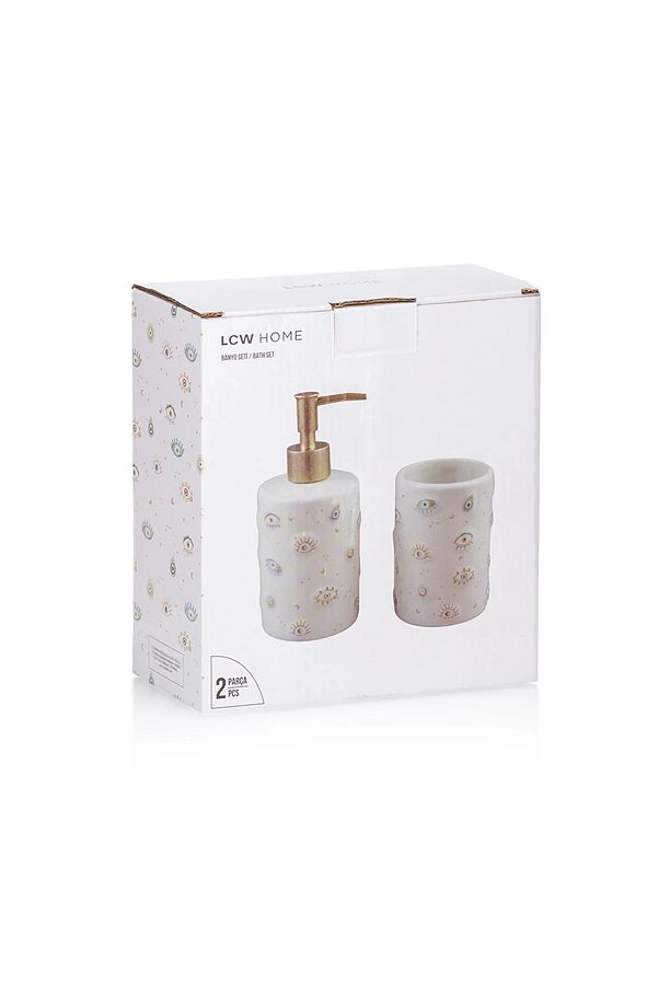 2'li Seramik Banyo Seti Sıvı Sabunluk Fırçalık Ekru Krem 17cm - 4