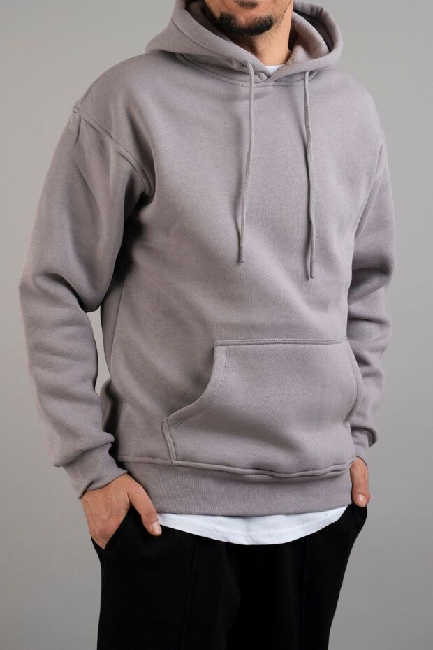 Erkek Kapüşonlu Basic Sweatshirt Gri - 5