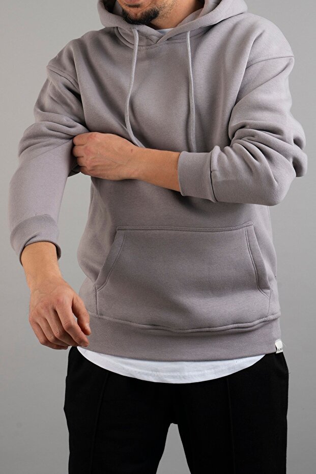 Erkek Kapüşonlu Basic Sweatshirt Gri - 4