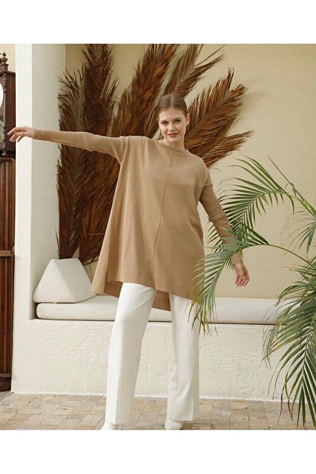 Kadın Merserize Triko Tunik - Vizon - 1