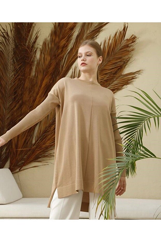 Kadın Merserize Triko Tunik - Vizon - 3