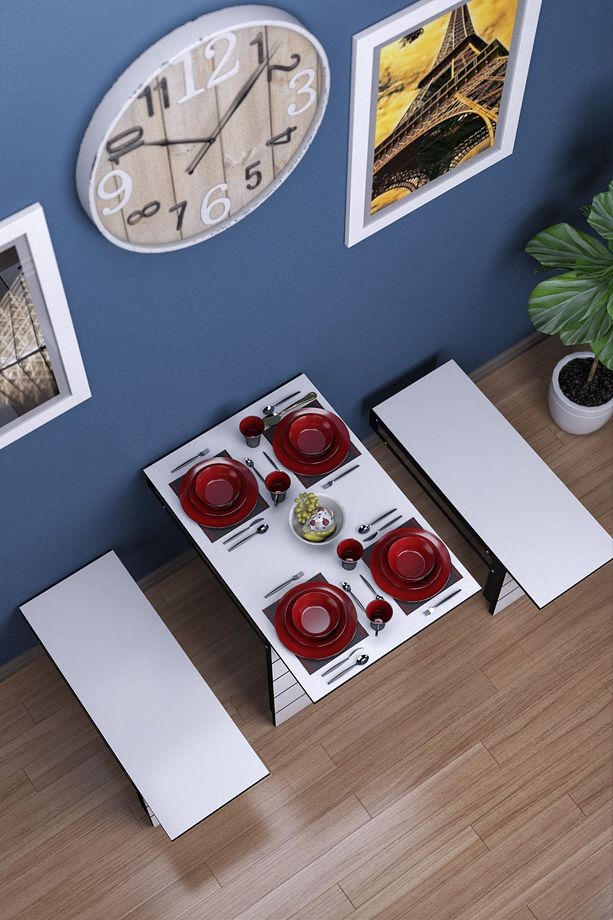Firuze Duvara Monte Katlanabilir 2 Tabureli Mutfak Masası Yemek Masası Balkon Masası - 3