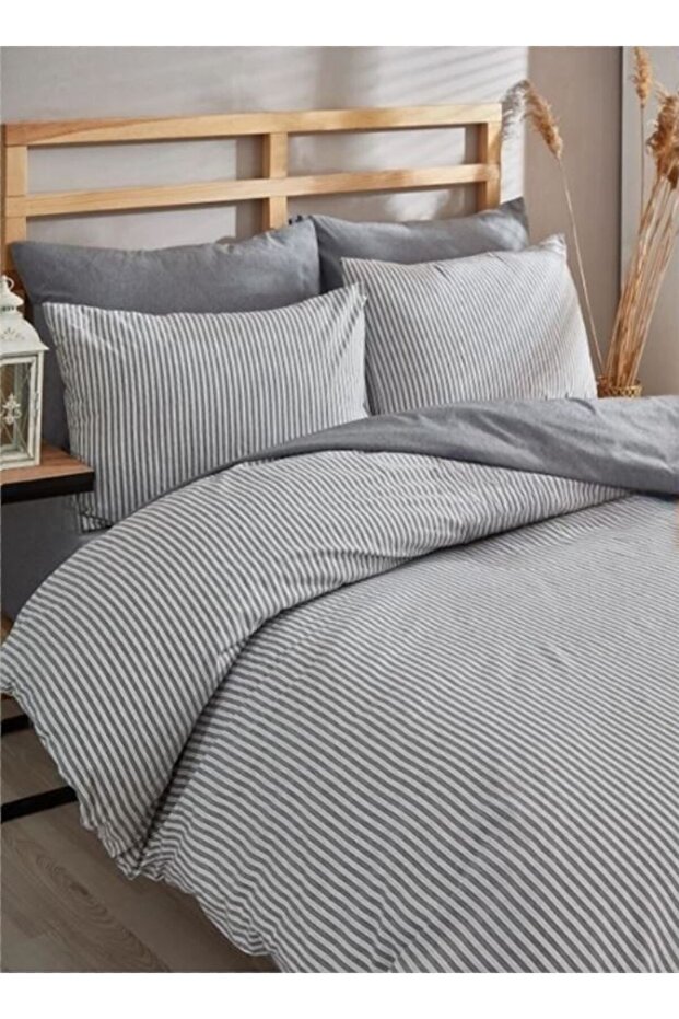 Striped Pattern Anthracite White Double Duvet Cover Set Double Sided Use Sheet Anthracite