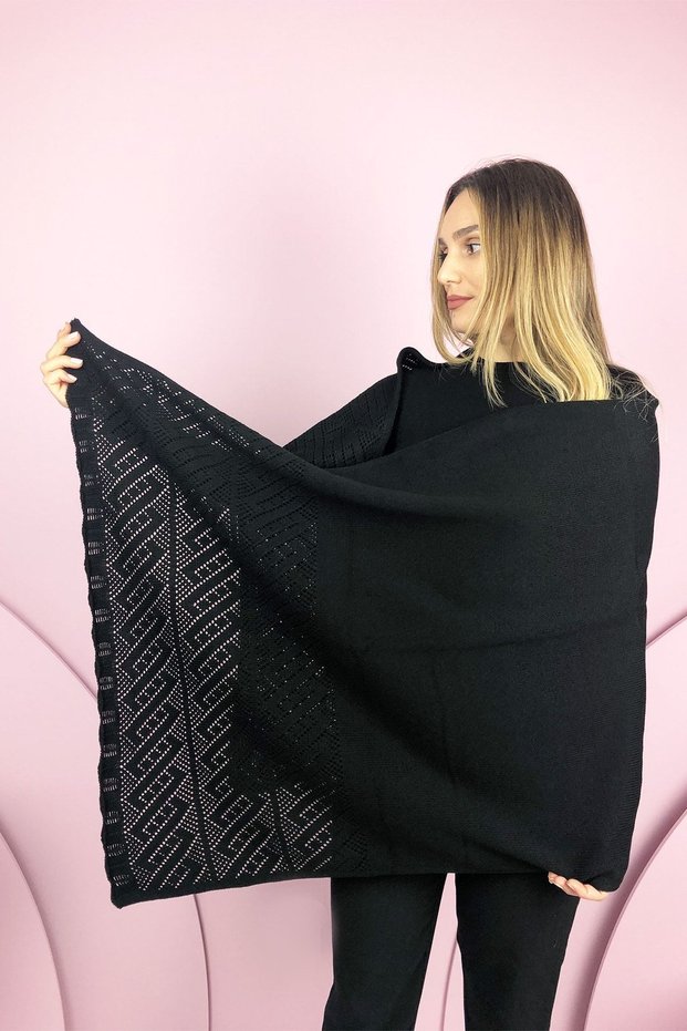 Women's Mother Wool Knitwear Zigzag Ethnic Pattern Winter Black Thick Shoulder Shawl 104