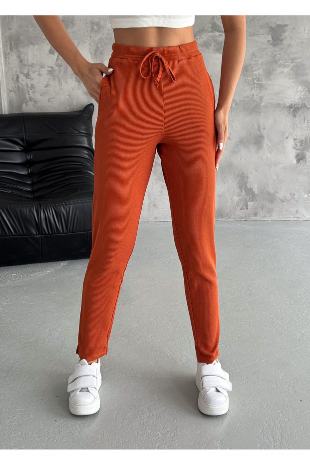 Women's Coffee-Colored Elastic Waistband Lace-Up Sweatpants with Pockets