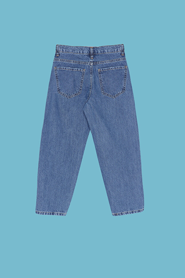 Koyu Mavi Erkek Çocuk Baggy Pamuklu Ayarlanabilir Lastikli Denim Pantolon Jean TKDSS24PL00005 - 9