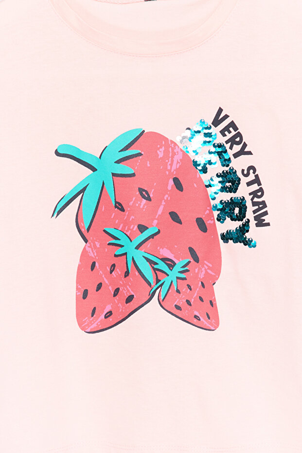 Pembe Kız Çocuk %100 Pamuk Çilek Desenli Regular/Normal Kalıp Kısa Kol Örme T-Shirt TKDSS24TS00007 - 4
