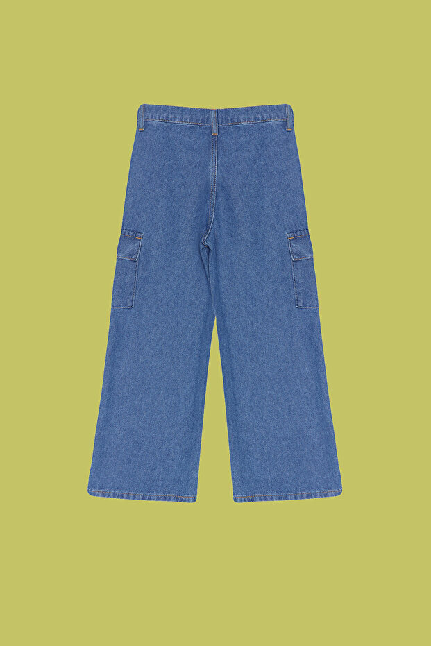 Koyu Mavi Kız Çocuk Wide Leg Kargo Cepli Pamuklu Lastikli Denim Pantolon Jean TKDSS24PL00001 - 3