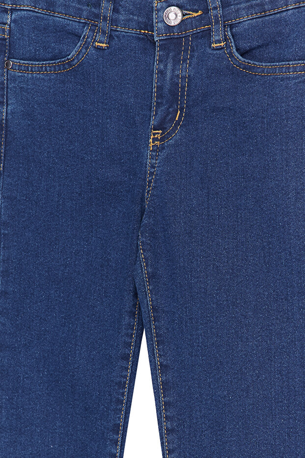 Koyu Mavi Kız Çocuk Geniş Paça/Flare Esnek Lastikli Denim Pantolon Jean TKDSS24PL00011 - 5
