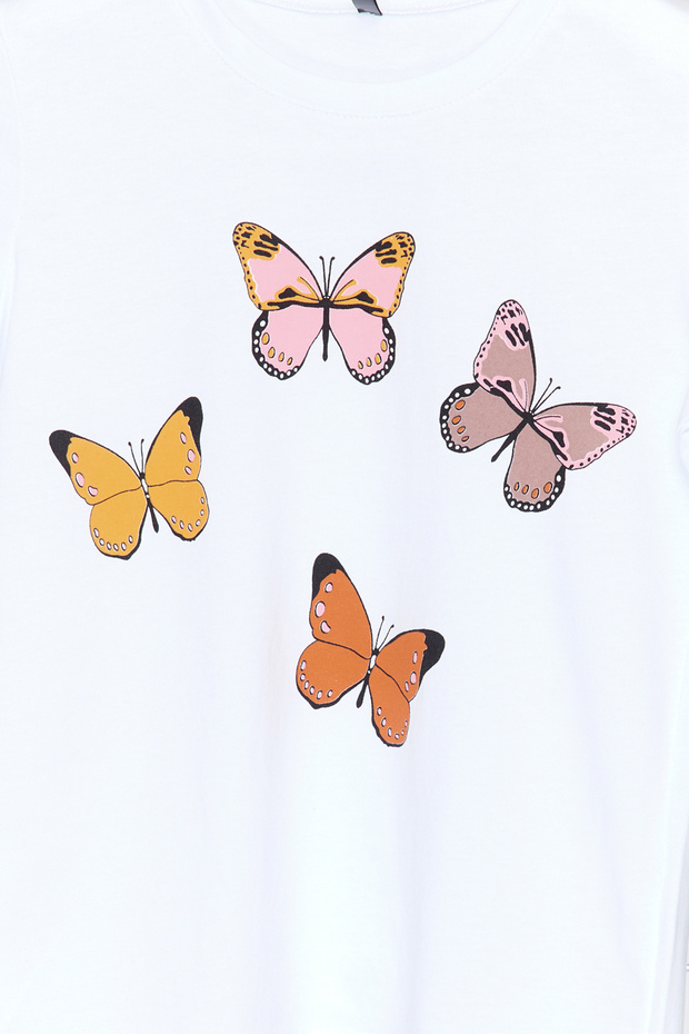 Beyaz Kız Çocuk %100 Pamuk Kelebek Desenli Regular/Normal Kalıp Kısa Kol Örme T-Shirt TKDSS24TS00041 - 5