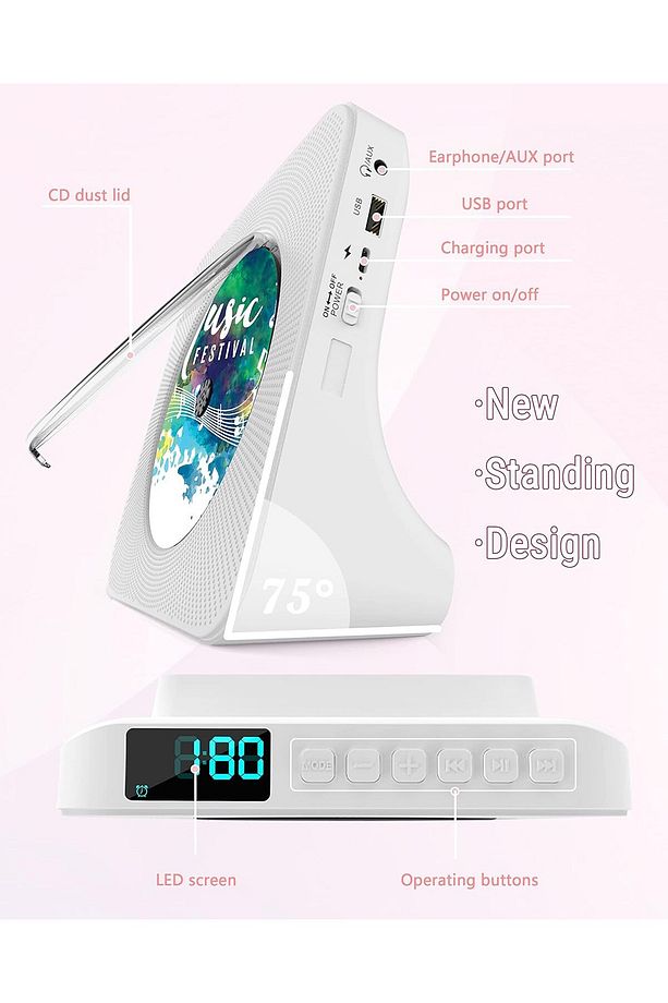 Taşınabilir CD Çalar Bluetooth 5.0, HiFi Ses Hoparlörü, Uzaktan Kumandalı, LED Ekran, AUX/USB - 2