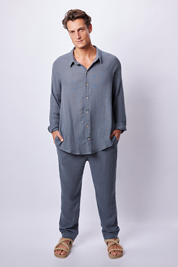 Gri Mavi Bambu Oversize Gömlek - 6