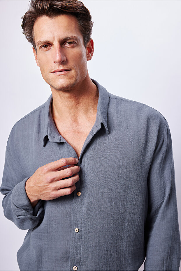 Gri Mavi Bambu Oversize Gömlek - 3