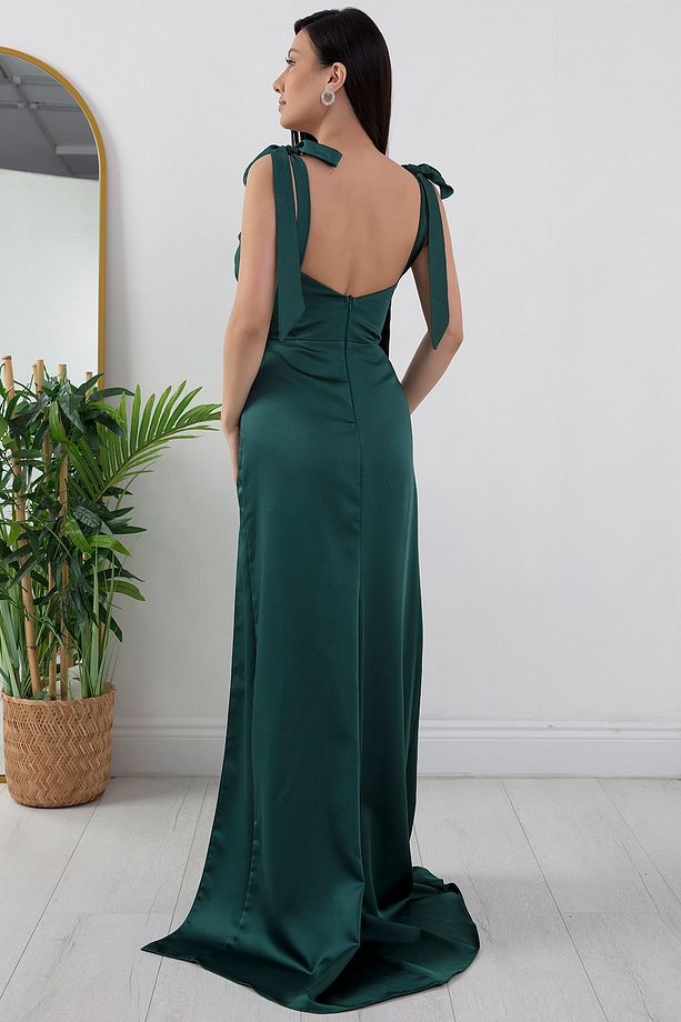 Önü Ve Beli Taşlı Saten Abiye Elbise DMN4641 - 6