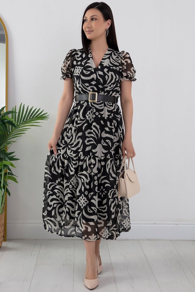 Kruvaze Yaka Kemerli Şifon Elbise GRS3224 - 3