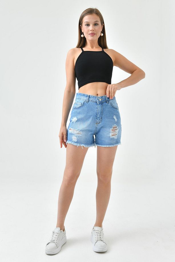 Kadın Yırtık Yüksek Bel Likrasız Mavi Kot Şort Yırtık Denim Şort 70344 - 6
