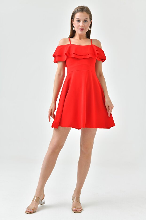 New Season Crepe Stretchy Fabric Double Layer Ruffled Neckline Strappy Mini Dress