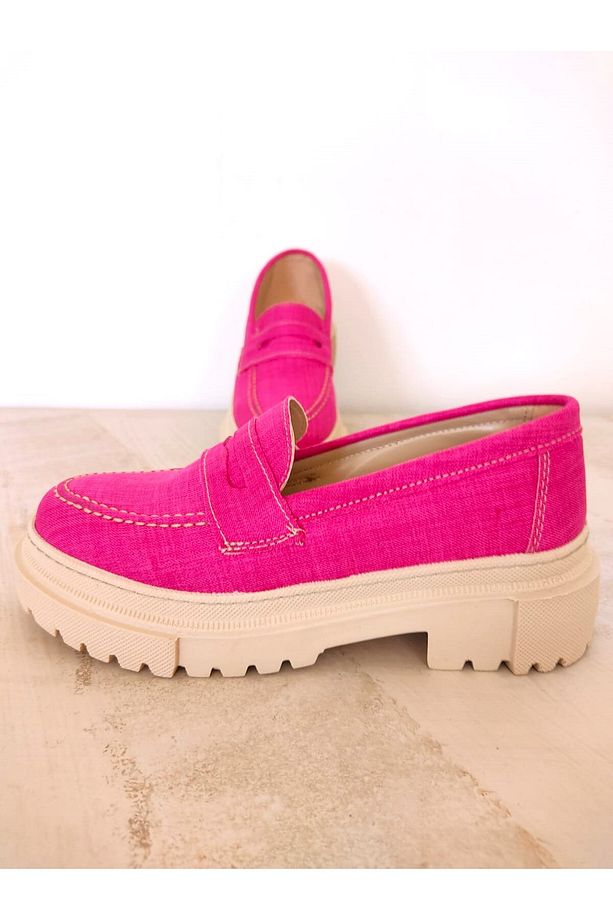 Kadın Kalın Topuklu Makosen Pembe Kot Loafer Ayakkabı - 1