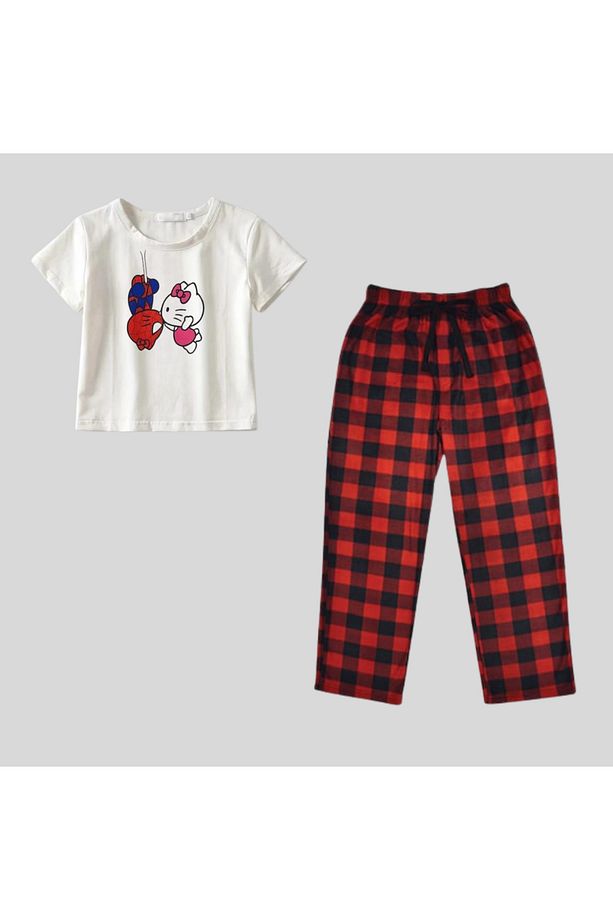 Spider&Hello Kitty Baskılı Siyah Unisex Oversize Crop  Alt Üst 2 L.i Takım - 2