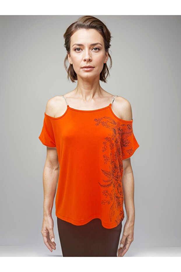 Chain Detailed Printed Boat Neck Coral Blouse