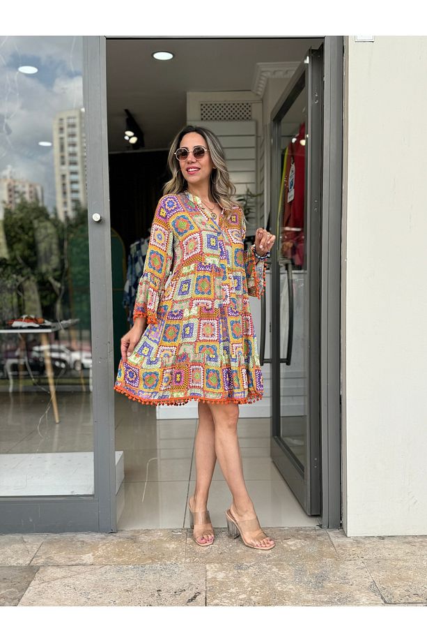patchwork Kloş Elbise Turuncu Mini ELbise - 1