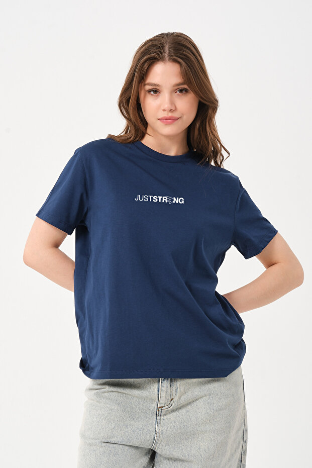 Women's Navy Blue Just Strong Text Print Detailed Relaxed Fit T-Shirt