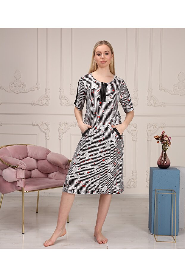 Floral Patterned Stone Embroidered Zippered 100% Viscose Women's Dress