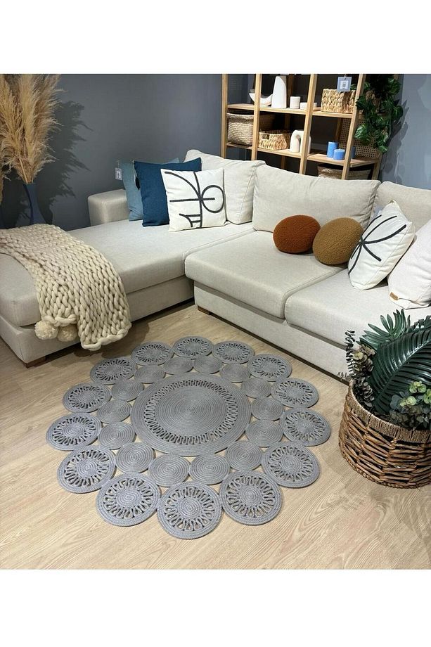 jüt hasır el örgüsü halı kilim yıkanabilir çift taraflı yuvarlak - 5