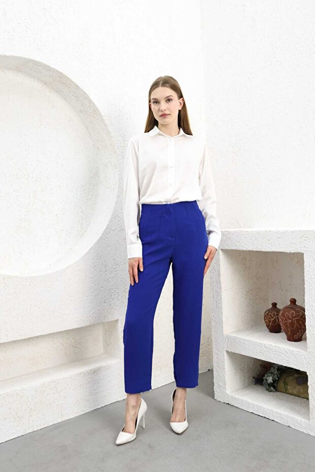 High Waist Women's Trousers - Blue/Beige Collared Design