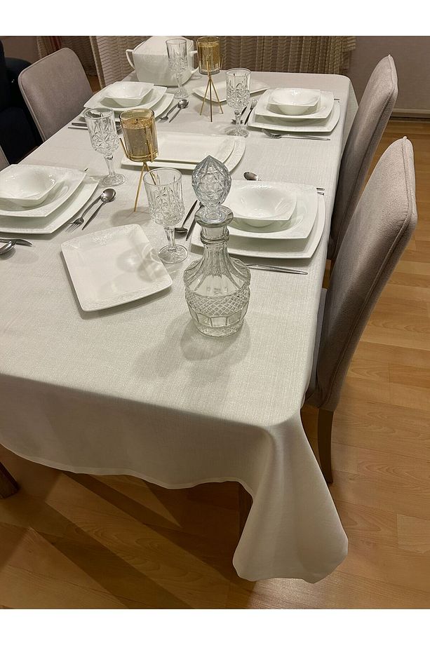 Polyester Keten Simli Masa Örtüsü Krem - 4