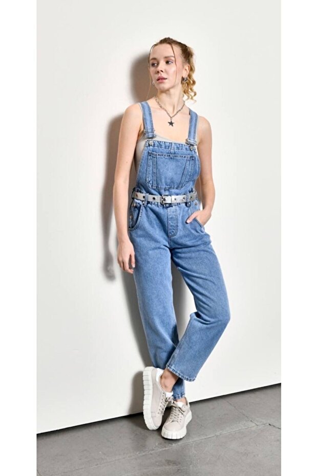 Decorative Pocket Detailed Denim Gardener Overalls Salopet