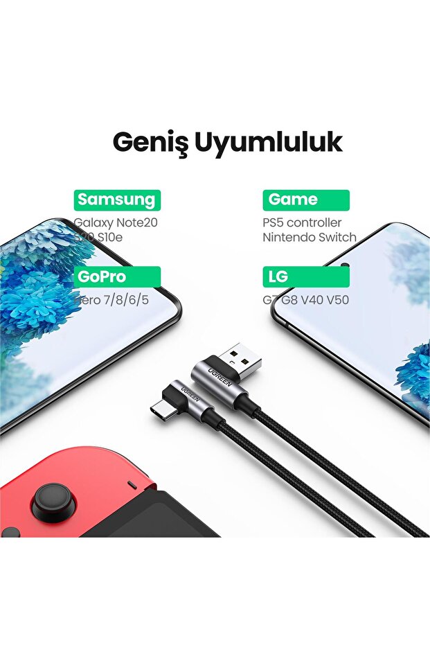Usb-a To Type-c 90 Derece 3a Hızlı Şarj Ve Data Kablosu 1 Metre - 5