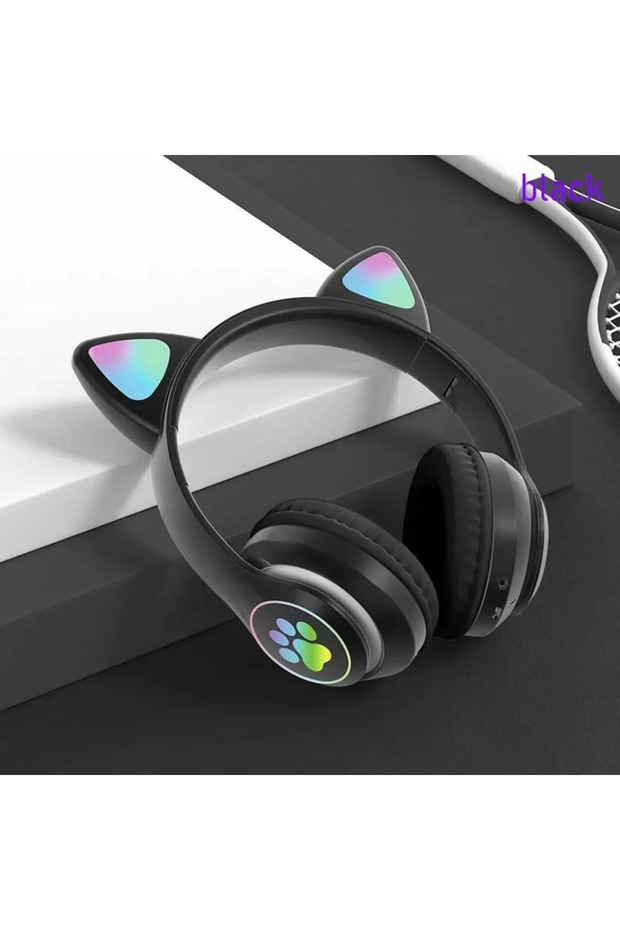 Siyah Kedi Kulak Üstü Kablosuz Bluetooth Kulaklık Stn-28 - 3