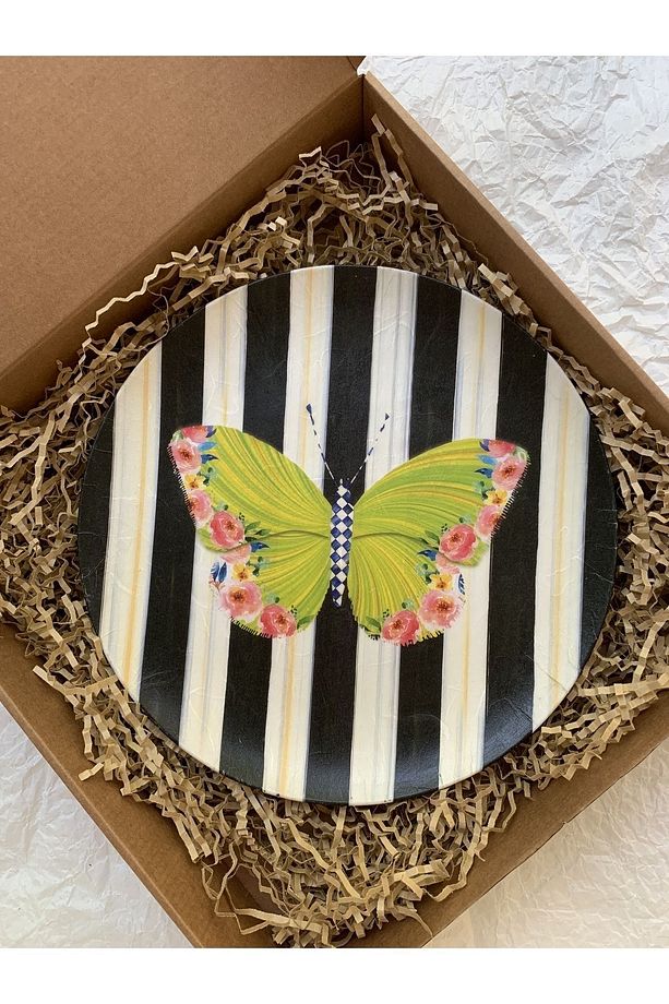 Yeşil Kelebekli Çizgili Retro Dekoratif Duvar Tabağı Duvar Süsü 26cm - 6