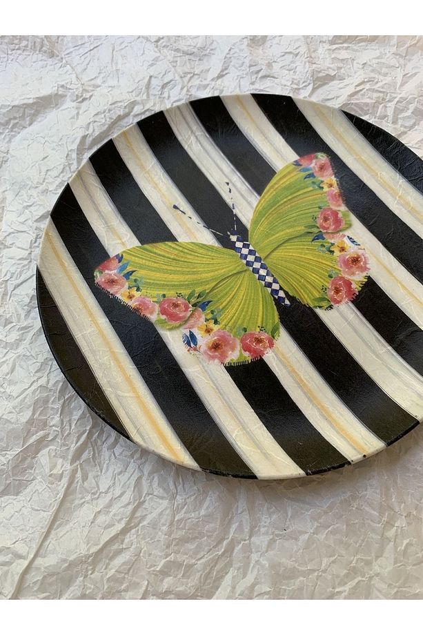Yeşil Kelebekli Çizgili Retro Dekoratif Duvar Tabağı Duvar Süsü 26cm - 5