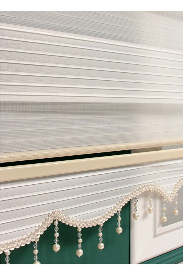 Boncuklu Pliseli Krem Zebra Stor Perde - 1