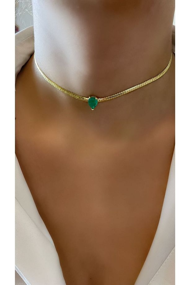 Altın Kaplama Zümrüt Renk Damla Form Yılan Choker Kolye 925 Ayar Gümüş - 4