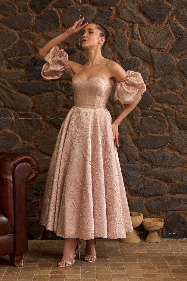 Pudra Desenli Brokar Kumaş Midi Boy Abiye Ve Nişan Elbisesi - 2