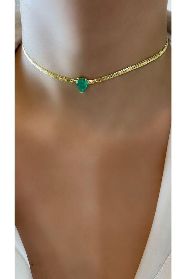 Altın Kaplama Zümrüt Renk Damla Form Yılan Choker Kolye 925 Ayar Gümüş - 3