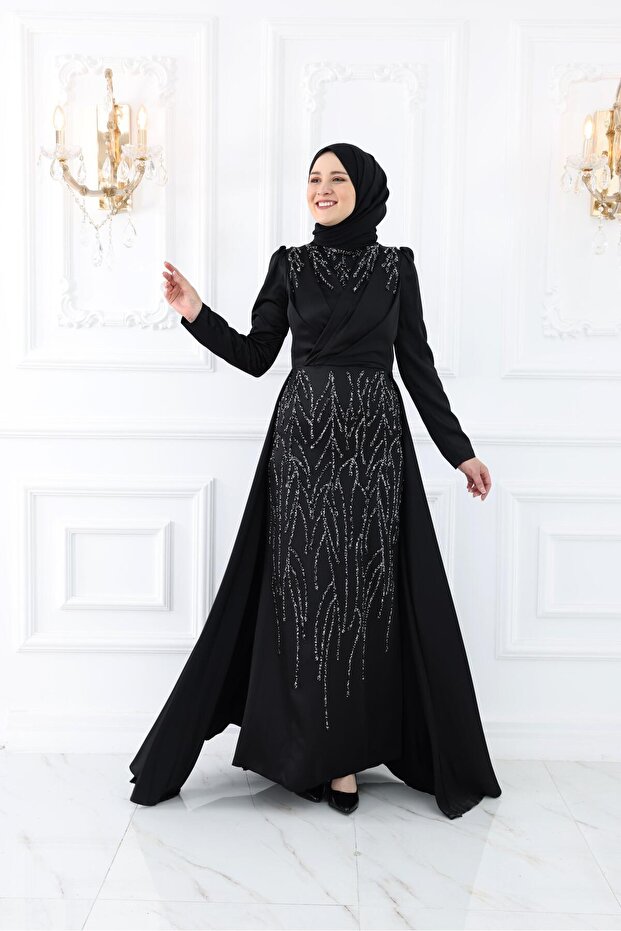 Stone Printed Drape Evening Dress Nihal - 1