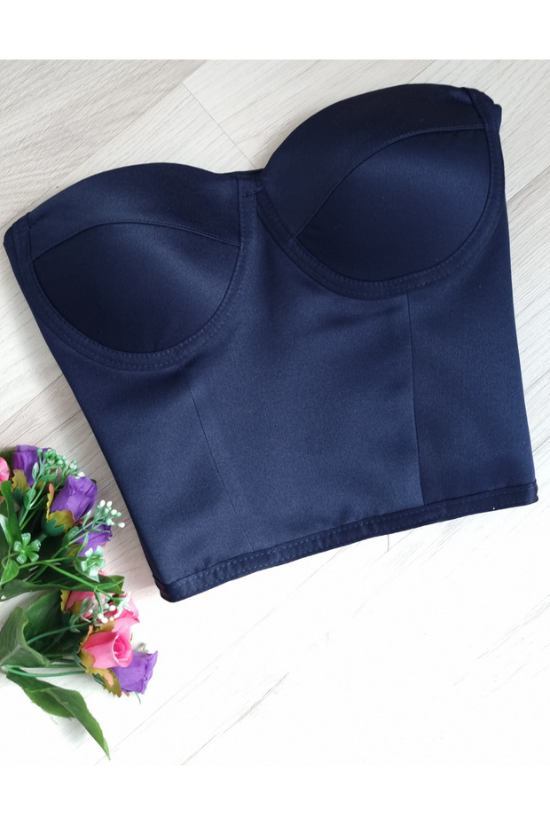 Navy Blue Tie-Up Satin Corset Bustier Ready Size