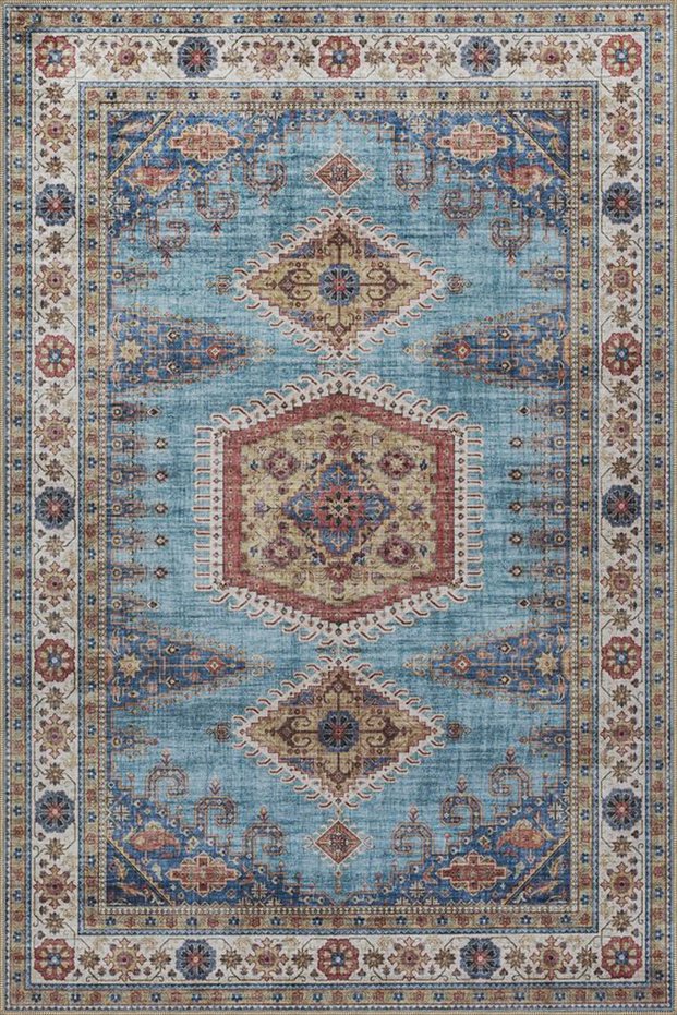 Blue Gray Framed Patterned Decorative and Woven Base Washable Carpet Miravip8893