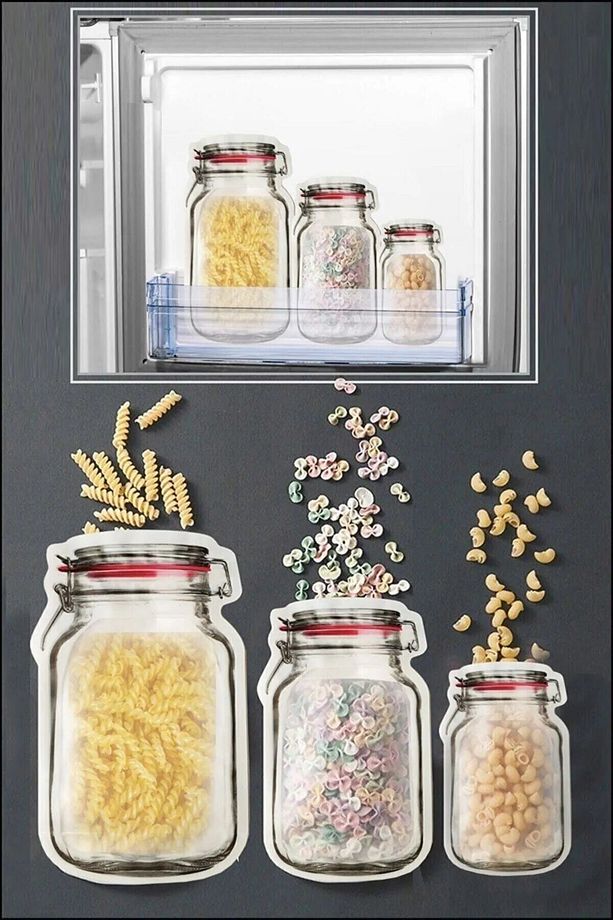 3 Boy Kavanoz Görünümlü Kilitli Saklama Kabı (POŞET) / 150ml - 500ml - 620ml - 3