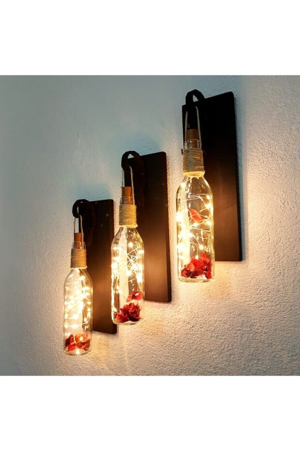 Led Işıklı Mat Siyah Renkli Şişe Mode Duvar Aplik 3 Lü Set, Cafe, Ofis, Antre Dekoru - 3