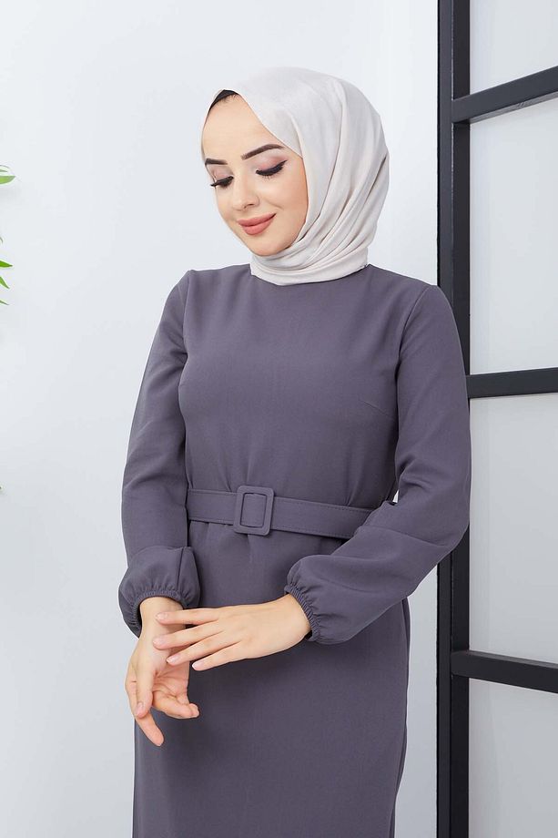 Gülce Krep Elbise - Gri - 6